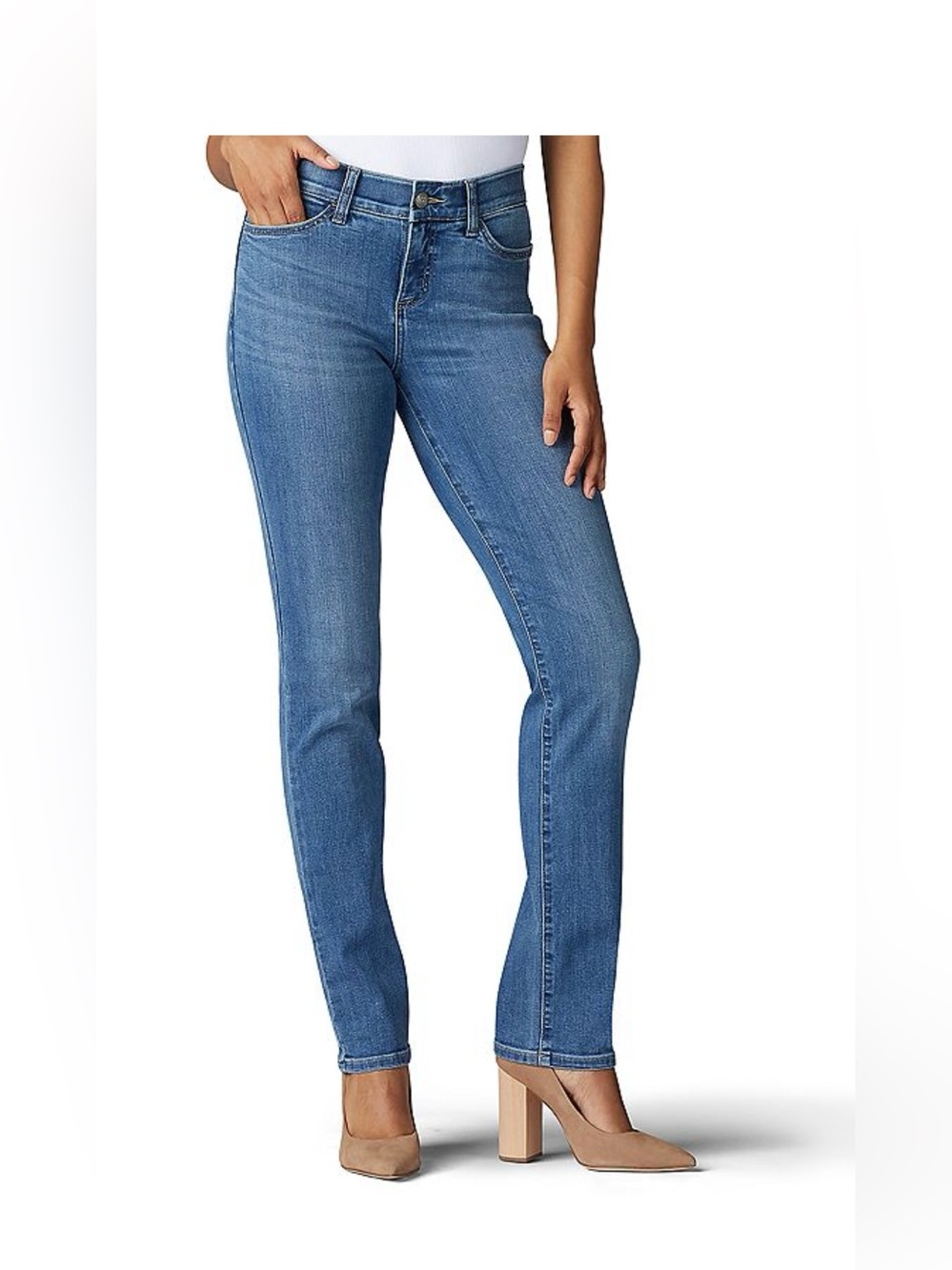 Women's Lee Flex Motion Straight-Leg Jeans 8 Long Mid Rise Juniper NWT
